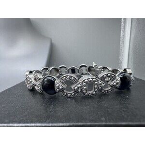 Marcasite & Onyx Art Deco Style 925 Sterling Link Bracelet